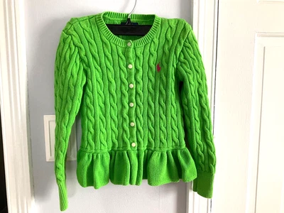 Ralph Lauren Niñas Talla Pequeña 7 Peplum Suéter Cárdigan Verde Rojo Poni Abotonado Foto 1 de 4