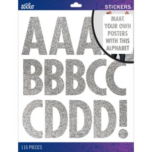 STICKO ALPHABET STICKERS -SILVER GLITTER FUTURA - X LARGE - 8 SHEETS - 7 cm - Picture 1 of 1