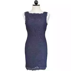 Abito da cocktail Adrianna Papell sera pizzo blu navy esposto full back zip taglia 4 - Foto 1 di 16