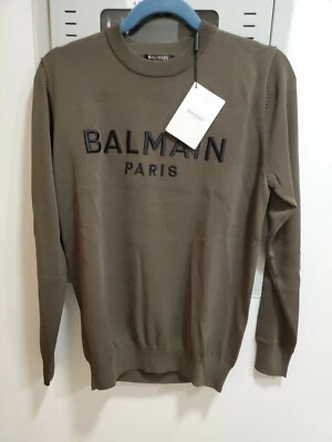 $1960 Balmain Paris Men Olive Logo Neck Pullover Sweater Size XS - Image 1 of 3