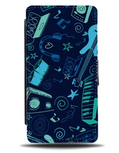 Estuche tipo billetera abatible con patrón de fondo musical verde neón diseño guitarra musical M197 - Imagen 1 de 3