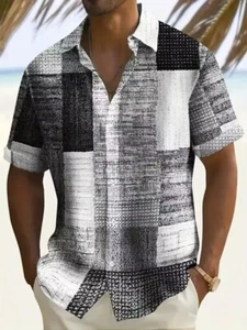 New Fashion Color Block Striped Men's Short Sleeve Lapel Hawaiian Shirt Summer - Picture 1 of 3
