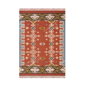 Indian Wool Jute Kilim Area Rug Multicolor Wool Hand Woven Home Decor Jute Rugs - Picture 1 of 8