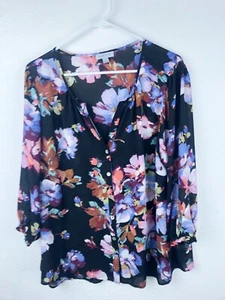 Floral and Ivy Tunic Top 1X Black Floral Button Up 3/4 Sleeves Semi Sheer A8 - Picture 1 of 5