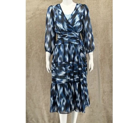 Calvin Klein Dress Womens 2 Blue Fit & Flare Midi V-Neck Belted Office Church - Image 1 of 4