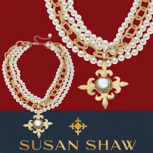 Susan Shaw Necklace Multi Strand Pearl Fleur De Lis Cross 24K TPG Jewelry - Picture 1 of 9