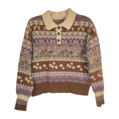 Suéter corto mediano vintage de lana suave con cuello de 3 botones multicolor Foto 1 de 4