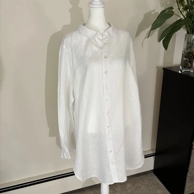 Soft Surroundings 尺寸 1X 亚麻束腰纽扣白色长袖衬衫 — 第 1/4 张图片