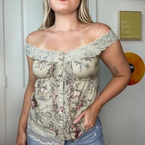 Vintage Y2K 2000s FANG Lace Trim Floral Print Button Up Tie Back Tank Sz XS - Picture 1 of 4