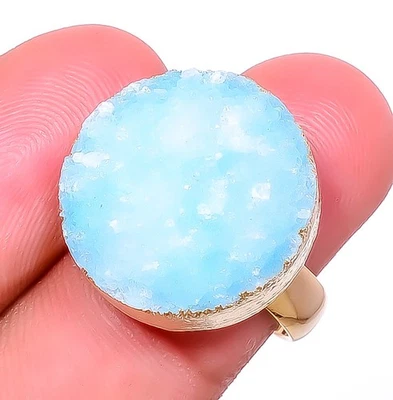 Anel de latão folheado a ouro eletroformado quartzo azul aqua drusa tamanho ajustável (12) - Imagem 1 de 4