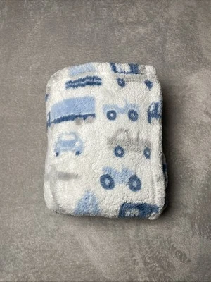 Baby Blanket Transportation Vehicles Car Boat Plane Truck White Blue Gray Fleece - Image 1 of 3