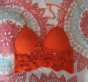 Crochet Halter Knit Crop Festival Top Orange Red Size 44 by Modelle NEW - Picture 1 of 5
