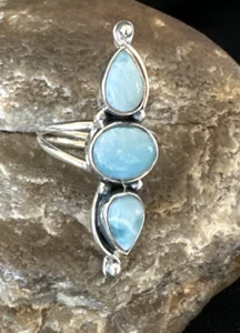 WoMens Cluster Blue Larimar 3 stone Navajo Sterling Silver Ring Size 7 16162 - Picture 1 of 12