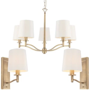 5 Bulb Ceiling Pendant Lamp & 2x Matching Wall Light Matt Antique Brass & Shade - Picture 1 of 6