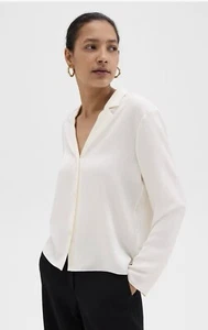 Theory Notched Lapel Blouse in Silk Georgette In Ivory XL - Picture 1 of 14