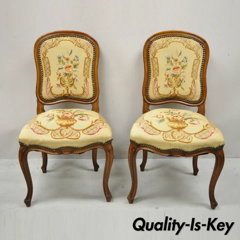 Antique French Provincial Louis XV Walnut Floral Needlepoint Side Chair - a Pair Cover