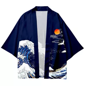 Cardigan Camicia Uomo Orientale Carpa Koi Haori Kimono Yukata Manica 3/4 Sciolto - Foto 1 di 10
