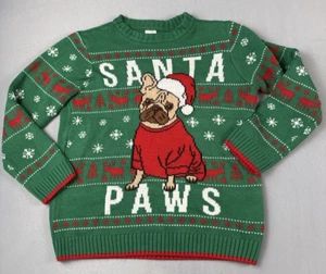 Holiday Time Sweater Kids L 10-12 Green Santa Paws Dog Christmas Ugly Pullover - Picture 1 of 7