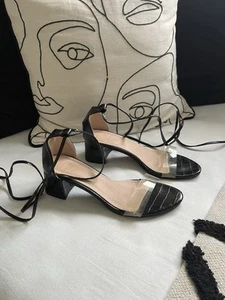 Low block heel black and perspex snakeskin heels - size 3 - Picture 1 of 4