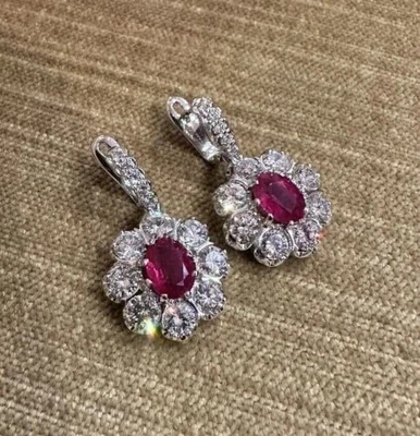 2Ct Oval Lab Created Ruby & Diamond Drop Dangle Earrings 14K White Gold Plated - Image 1 of 4