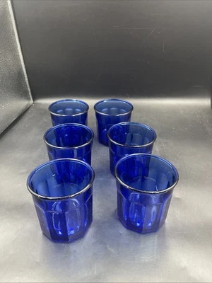 JUEGO DE 6 VASOS VINTAGE 12 OZ AZUL COBALTO 10 PANELES 500 HECHOS EN FRANCIA Foto 1 de 4
