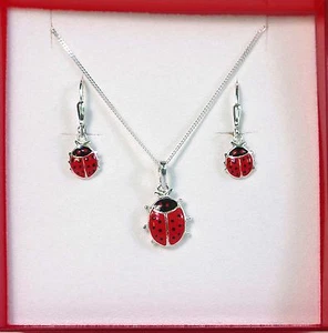 925 ECHT SILBER 🐞 Marienkäfer Set Schmuckset Ohrringe + Anhänger + Kette - Picture 1 of 1