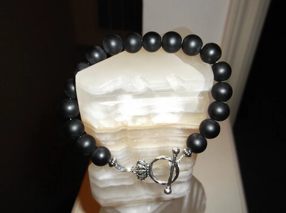 PULSERA HOMBRE HECHA A MANO 8 1/4" 10MM NEGRO MATE ÁGATA ÓNIX CUENTAS Foto 1 de 4