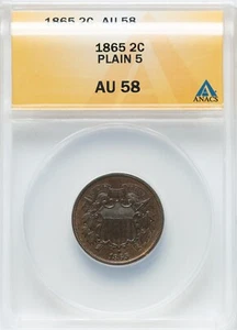 1865 Two Cent Piece Plain 5 - ANACS AU58 - LOOKS FULLY UNC! - Picture 1 of 2