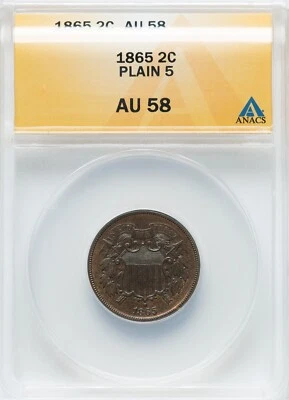 1865 Two Cent Piece Plain 5 - ANACS AU58 - LOOKS FULLY UNC! - Image 1 of 2