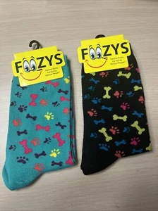 Foozy's Socken Pfotenabdrücke 🐾 und Knochen 🦴 Hund Welpe Damen 2 Paar türkis & schwarz - Bild 1 von 4