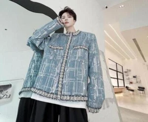 Men's Autumn Fashion Round Collar Long Sleeve Sequins Diamante Loose Jacket Coat - Picture 1 of 14