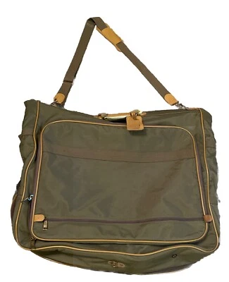 Bolsa de ropa vintage LONDON FOG 42" X 22" verde equipaje con adornos de cuero tostado Foto 1 de 4