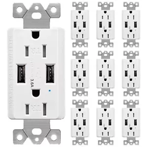 3.6 Amp USB Wall Outlet 15 Amp Receptacle Wall Charger for iPhone iPad UL 10Pack - Picture 1 of 12