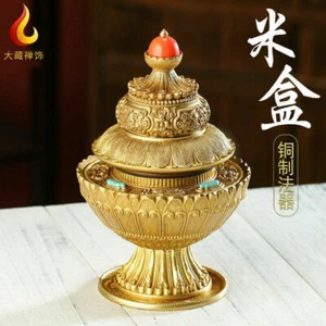 6" Tibetan brass copper Religious rites Eight auspicious Lotus pot box bottle - Picture 1 of 4