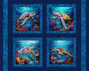 Paddling Sea Turtles Pillow Panel Cotton Fabric - Foto 1 di 2
