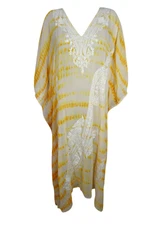 Womens Long Caftan Maxi Dress Yellow Kashmiri Embroidered Kimono Beach Coverup