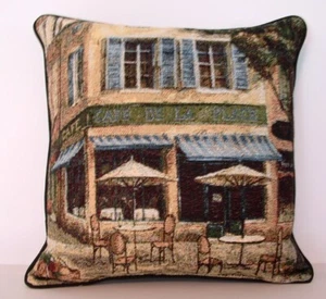 Sidewalk Cafe' - French Cafe'  w/ Outdoor Tables, Chairs, Tapestry Pillow New - Picture 1 of 10