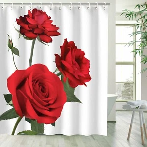 Rose Shower Curtain Red Flower Fabric Bathroom Curtains Set With Hooks Floral Ba - Picture 1 of 7