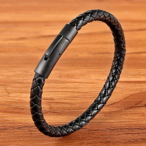 XQNI New Classic Style Men Leather Bracelet Simple Black Stainless Steel Button - Picture 1 of 3
