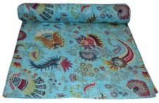 Indian Floral Queen Kantha Handmade Quilt Cotton Quilt Bed Cover Throw