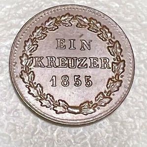 German States Nassau 1855 1 Kreuzer KM# 67 Copper Coin AU - Picture 1 of 2