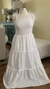 Beach Lunch Lounge SM White Sleeveless Tiered Fit & Flare Dress Eyelet Cotton - Picture 1 of 12