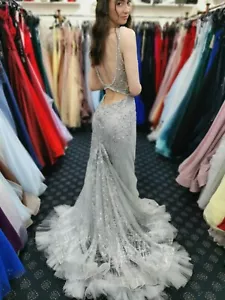 Tiffanys Mary Kate silver size 8 Evening Dress Prom Fishtail Style NWT - Picture 1 of 13