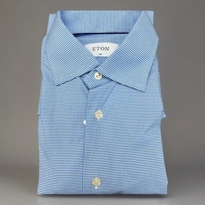 Eton Slim Fit Hemd Blau Microcheck Gr. 15 38 Langarm Stretch - Bild 1 von 13