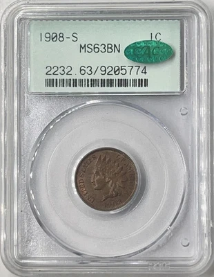 1908-S 1C PCGS 2nd Gen OGH MS63BN CAC Indian Cent Penny 09205774 - Image 1 of 2
