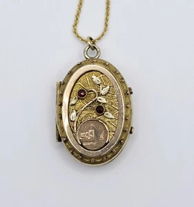Antique Gold Garnet Photo Locket Pendant Necklace Victorian Pictures Unique - Picture 1 of 16