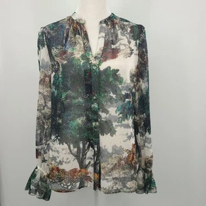 WHBM Sheer Gold Metallic Whimsy Sheer Shirt Gr. XS Waldfee Knopfleiste - Bild 1 von 16