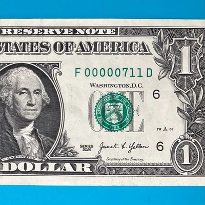 F 00000711 D : Low Fancy Serial Number 3 Digits (711) $1 One Dollar Bill - Image 1 of 3