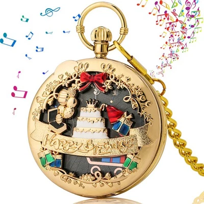Uncommon Musical Movement Pocket Watch Quartz Fob Watches +Chain Happy Birthday - Image 1 of 4