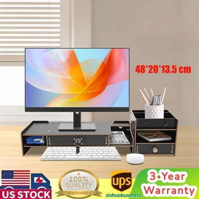 Monitor Stand Riser W/ Storage Organizer & Lock Drawer for Home Office Computer - Image 1 of 4